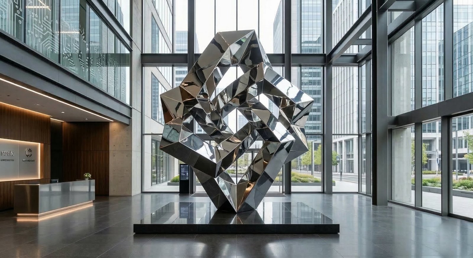 Structure facettée miroir dans un atrium de bureaux